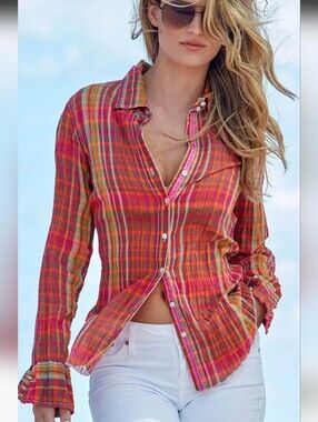 Cino Madras Plaid Citrus  Button-Up Women’s Shirt Size XS